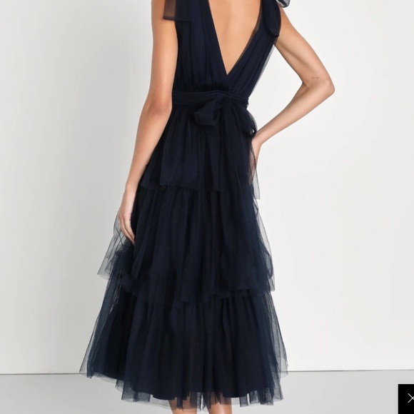Lulus Flawless Arrival Navy Blue Tulle Tie-strap Tiered Maxi Dress - Size S - Picture 4 of 4